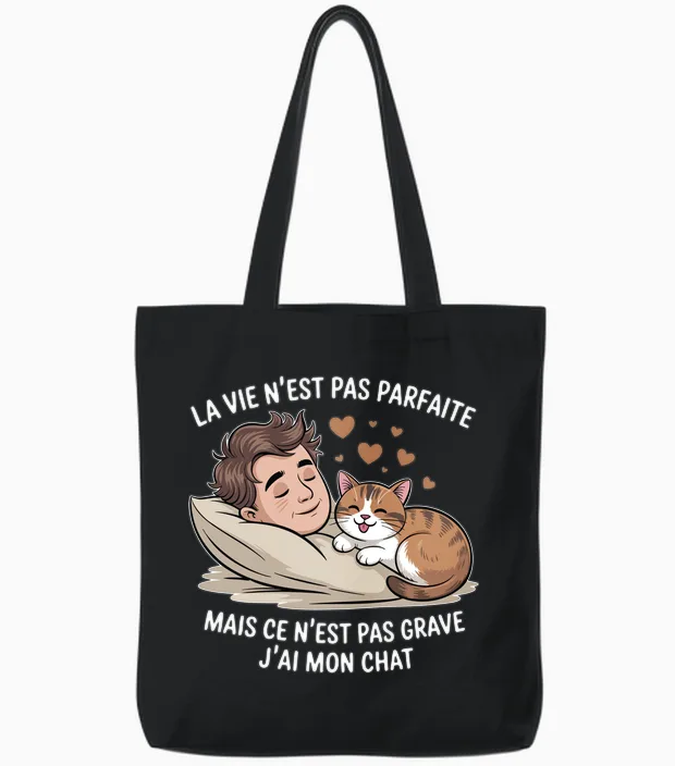 La Vie N'est Pas Parfaite Mais Heureusement J'ai Mon Chat Manche Longue Tote Bags in Black