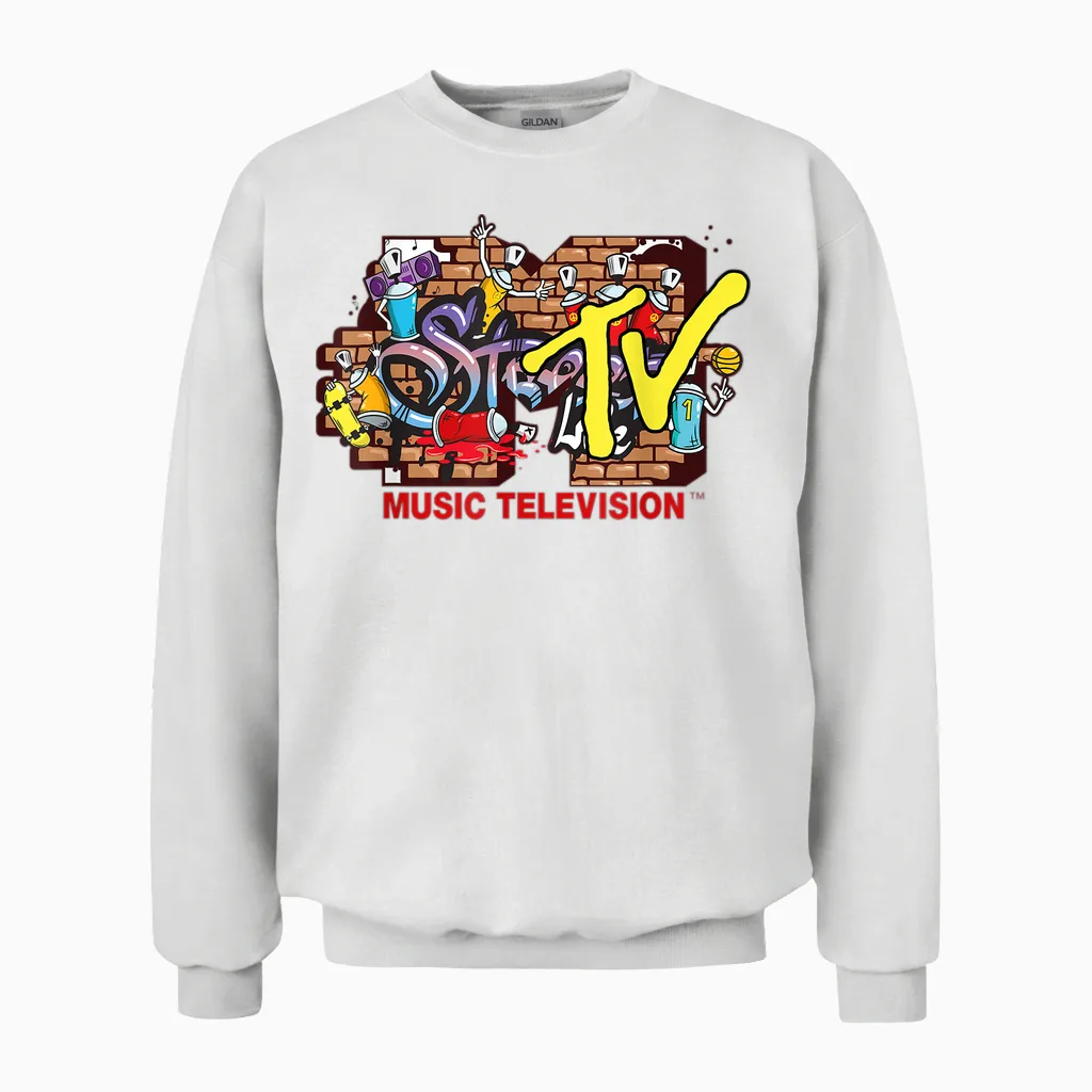 Mademark X Mtv - the Official Mtv Logo in Streetwear Style with Graffiti Wall Unisex Sweatshirt in White