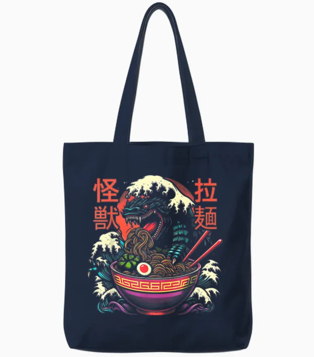 Kaiju Monster Kanagawa Japan Is Ramen Noodles Dragon Anime T-Shirt, Black Tote Bags in Navy