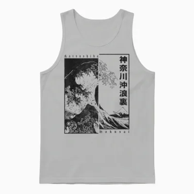 Japan Style Katsushika Hokusai the Great Wave off Kanagawa T-Shirt, White Unisex Tank Top - Ash