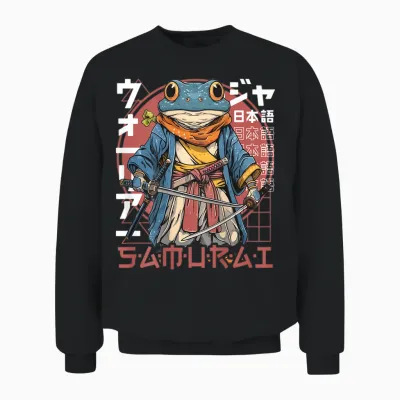 Japanese Samurai Frog Warrior Ukiyo Samurai Toad with Printed Print T-Shirt, Black Unisex Sweatshirt - Black