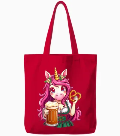 German Drindl Unicorn Beer Pretzel Oktoberfest Party T-Shirt, Black, S Tote Bags - Red