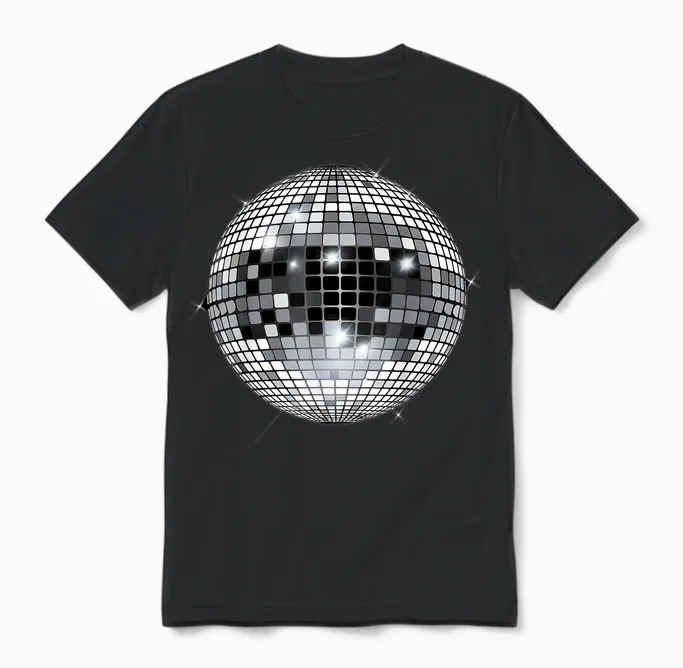 Discoball Vintage Retro House Disco Ball Cool Party T-Shirt, White Unisex T-Shirt in Black