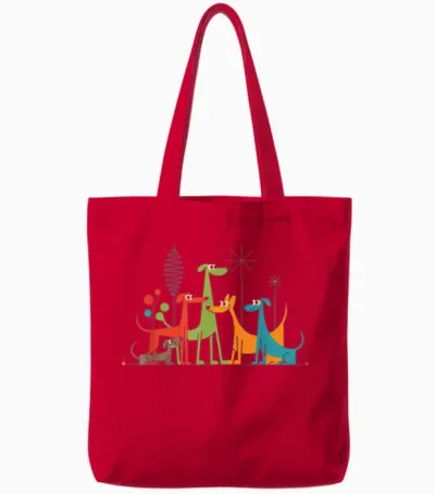 Retro Mid Century Modern Dogs 50s 60s Atomic Art Design Tote Bags - Red