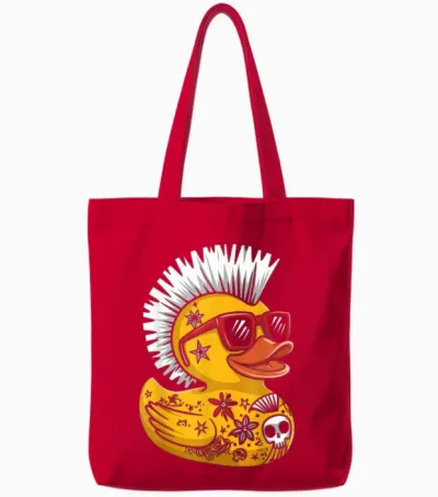 Punk Duck Rubber Duck Punk Rocker Duckling Costume Funny T-Shirt, Black Tote Bags - Red