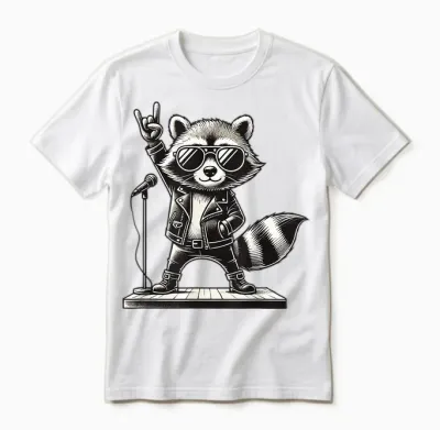 Rock Music & Rocker, Rock Hand, Kids & Boys, Funny Raccoon T-Shirt, Black, S Unisex T-Shirt - White