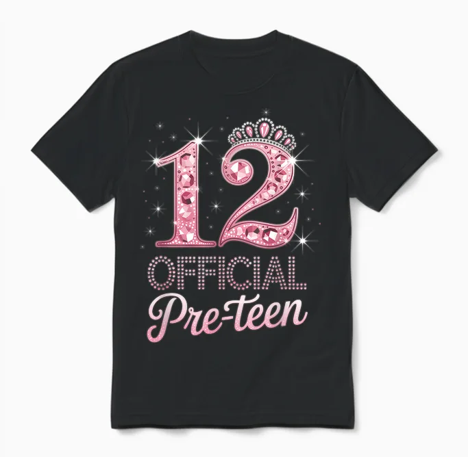 12 Official Pre-Teen Pink Crown Happy 12th Birthday for Girl Unisex T-Shirt in Black