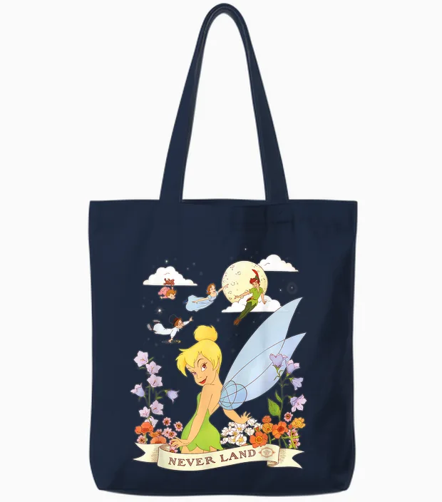 Disney Peter Pan Tinker Bell Never Land Flowers and Flight Tote Bags in Navy