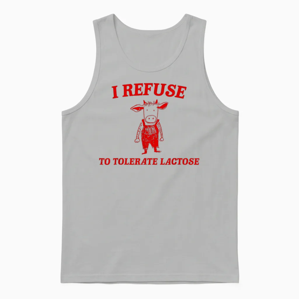 I Refuse to Tolerate Lactose, Funny Retro Cow in Vintage T-Shirt, White Unisex Tank Top in Ash