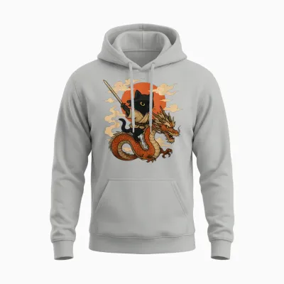 Vintage Japanische Samurai Katze Ninja Drache Kawaii Anime Liebhaber Unisex Hoodie - Ash