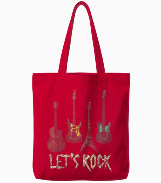 Lets Rock Rock N Roll Guitar Retro Gift Men Women Tote Bags in Red