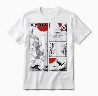 Japanese Koi Fish the Great Wave off Kanagawa Kanji (back) T-Shirt, Gray Unisex T-Shirt - White