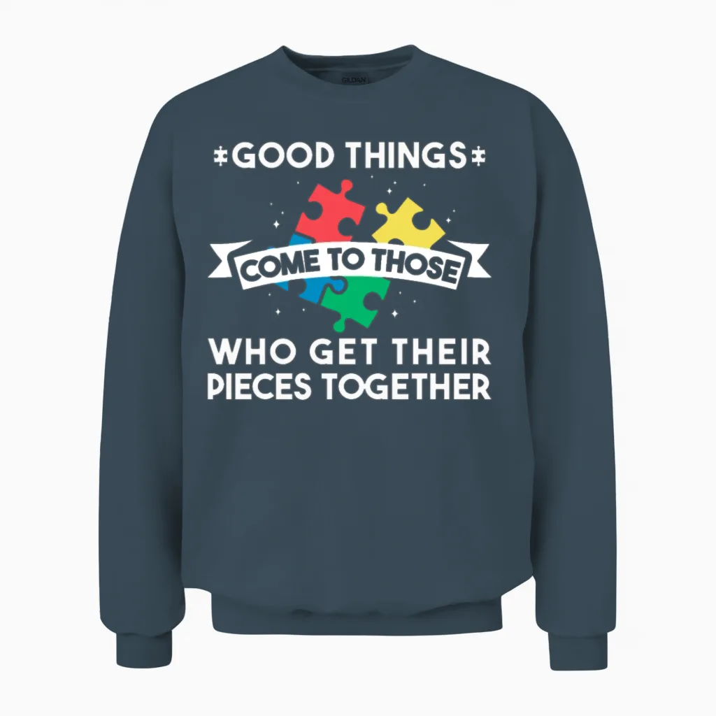 Puzzle Lover Funny Jigsaw Puzzle Good Things Unisex Sweatshirt in Dark Heather