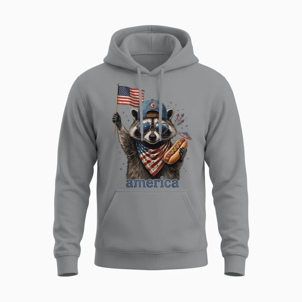 Funny Raccoon Hot Dog American Flag 4th of July Unisex Hoodie in Sport Grey