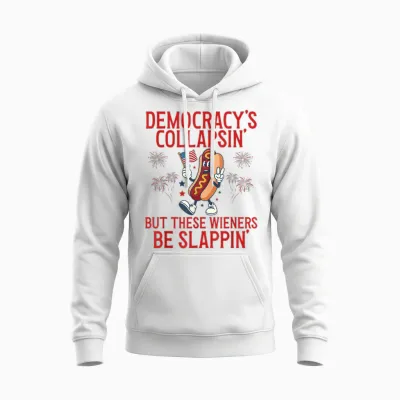 Democracy's Collapsing Funny Hot Dog 4th July 250 Years Unisex Hoodie - White