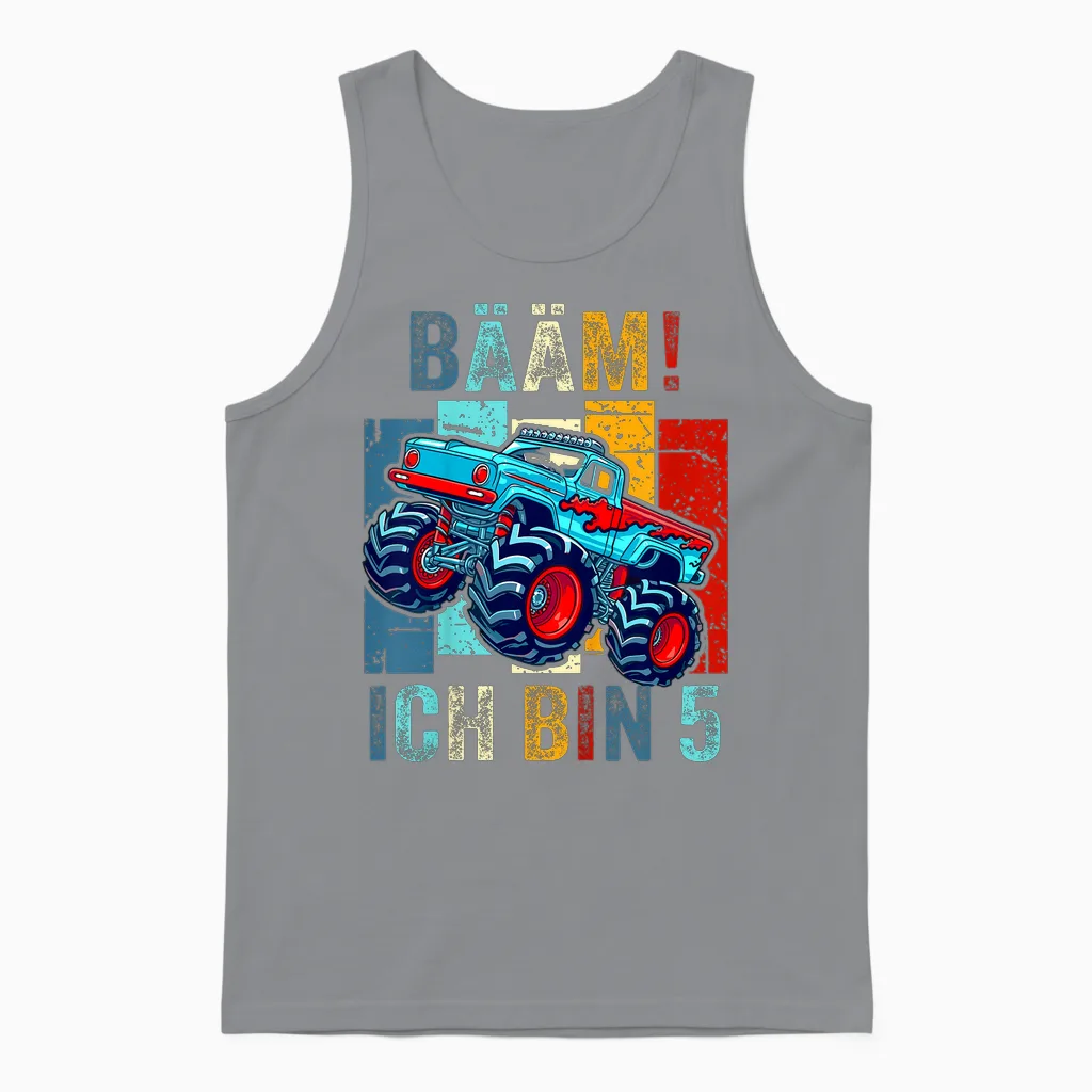 Children's T-Shirt 5 Years Boy Birthday Five Monster Truck Bäm I Am 5, Black Unisex Tank Top in Sport Grey
