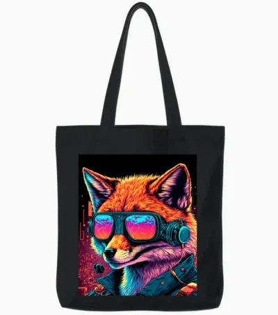 Retro Futuristic Synthwave Fox Tote Bags - Black