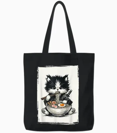 Chat Samouraï Art Japonais Ramen Nouveauté Kawaii Drôle Chat Tote Bags - Black