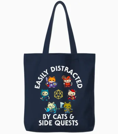 Rpg Gamer Cats Side Quest Funny Nerd Adhd Cat Men Women Tote Bags - Navy