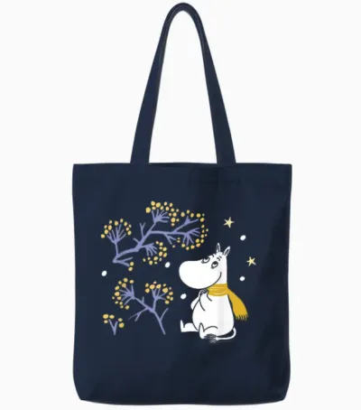 Moomin Moomintroll Look the Snow Winter T-Shirt, Black, S Tote Bags - Navy
