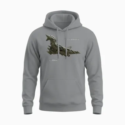 Dasdirkdesign Eurofighter T-Shirt Schwarz Herren Erwachsene Klein Klassische Passform Kurzarm Crew-Ausschnitt Spreizkragen Klassisch Militärisch Flugzeug Unisex Hoodie - Sport Grey