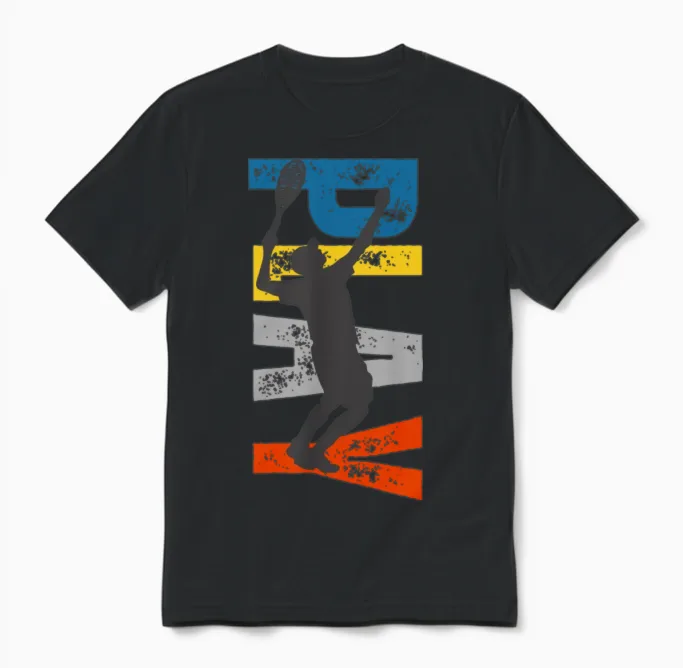 Tennis Jump Silhouette on Stripes Unisex T-Shirt in Black