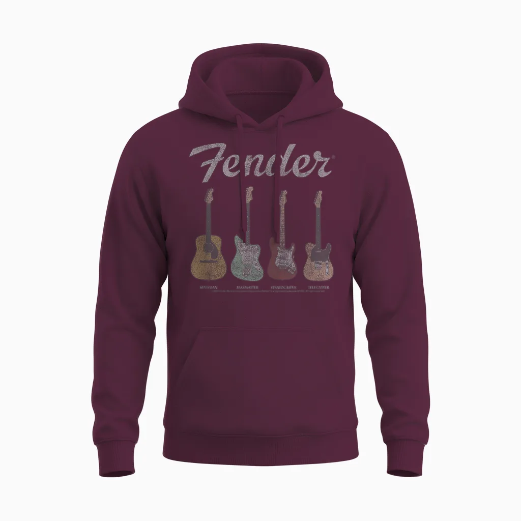 Fender Vintage Guitar Lineup T-Shirt Small Unisex Hoodie in Maroon