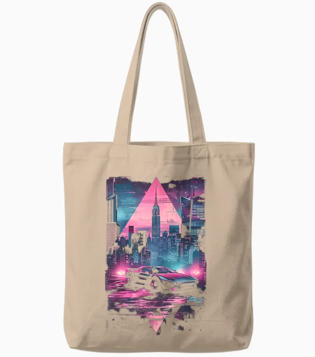 1980s 1990s Retro Car Retrowave Aesthetic with City Skyline Tote Bags in Natural