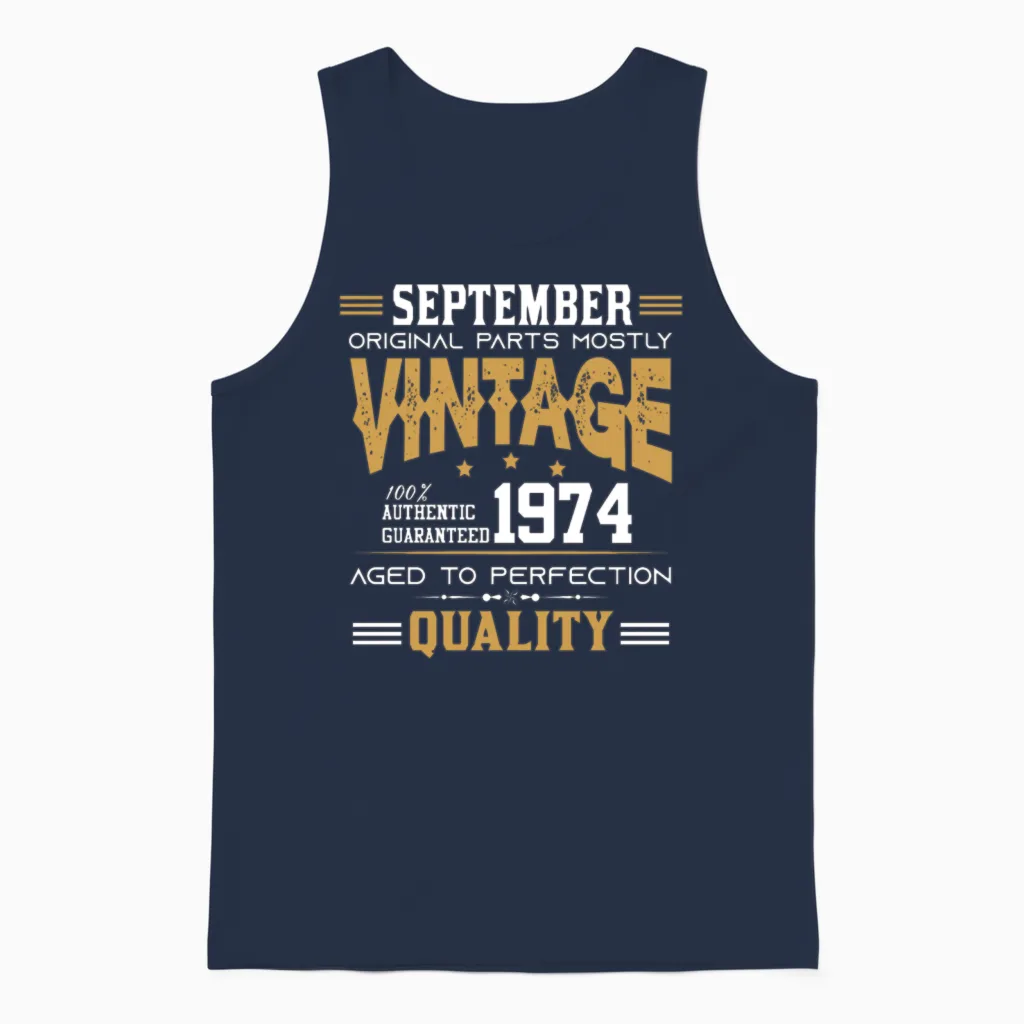 Vintage Aged to Perfection September 1974 Unisex Tank Top in Navy