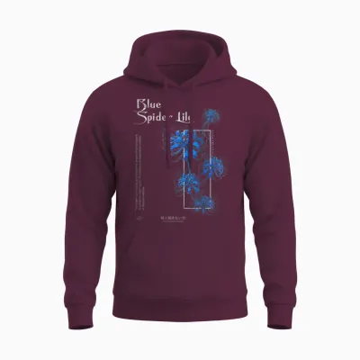 Japanese Blue Spider Lily in Anime Soft Grunge Aesthetic T-Shirt, Black Unisex Hoodie - Maroon
