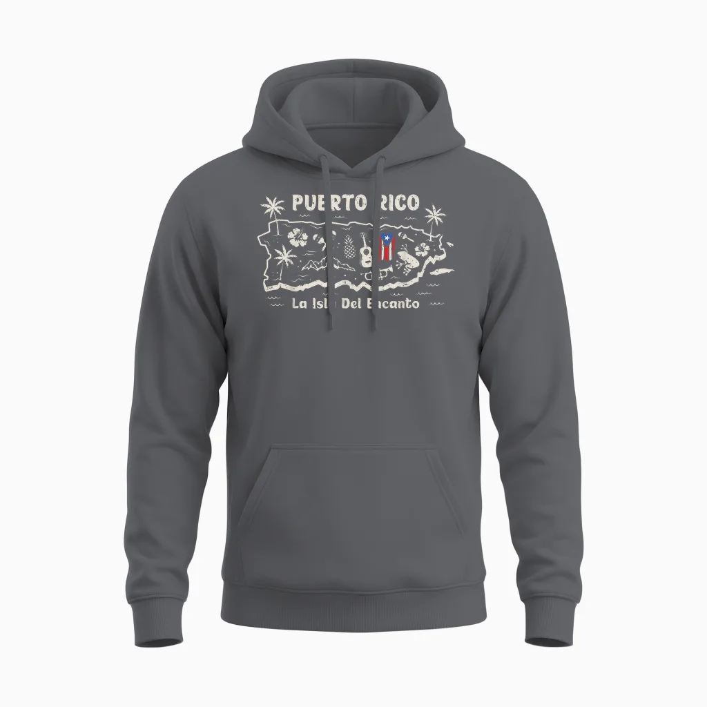 Puerto Rico La Isla Del Encanto Puerto Rican Flag Retro Unisex Hoodie in Charcoal