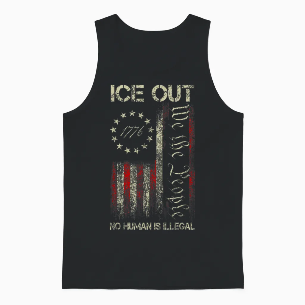 Ice Out No Human Is Illegal Us Flag Distressed Men Women Unisex Tank Top in Black