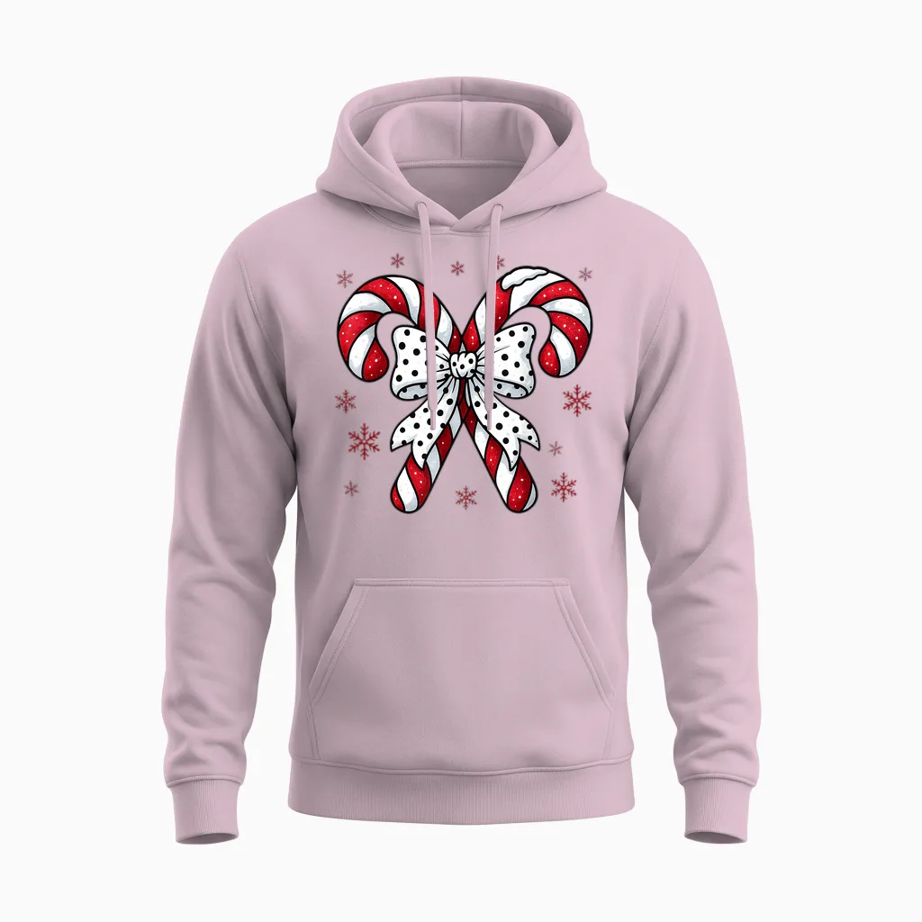 Candy Cane Christmas Season Girls Womens Retro Coquette Bow Unisex Hoodie in Light Pink
