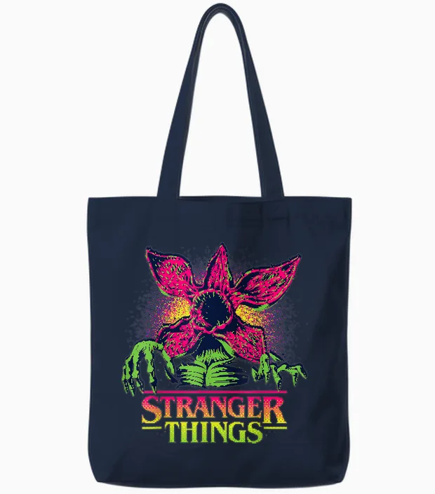 Stranger Things Season 5 Retro Video Game Demogorgon Tote Bags in Navy