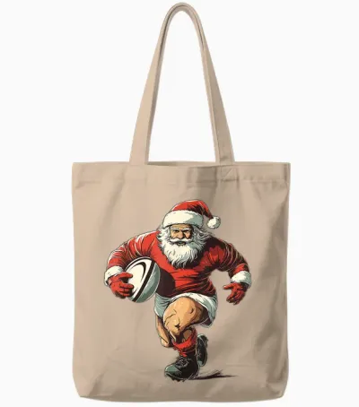 Funny Christmas Pajamas Rugby Player Santa Playing Rugby T-Shirt, Black, S Tote Bags - Natural