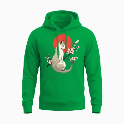 Japanese Aesthetic Cat with Cherry Blossoms Sakura T-Shirt, Blue, S Unisex Hoodie - Irish Green