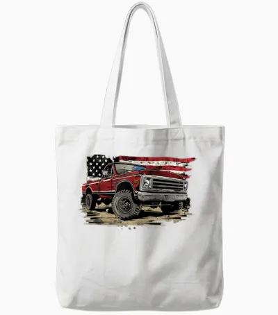 Vintage Pickup Truck with Flag Patriotic Style Women Girls Kids Men Tote Bags - White