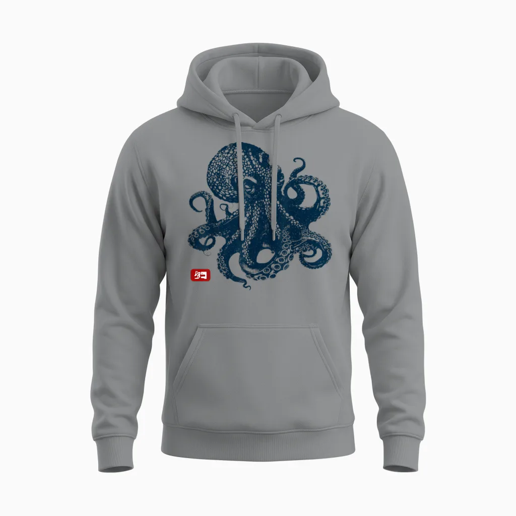 Octopus Vintage Japanese Aesthetic T-Shirt, Grey, S Unisex Hoodie in Sport Grey