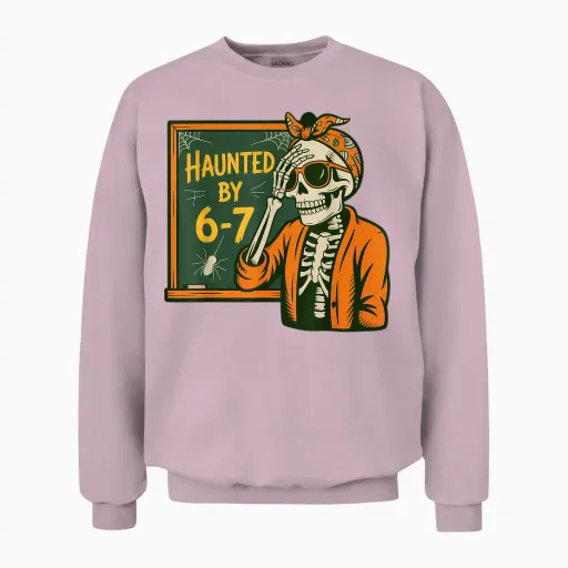 Haunted by 6-7 Teacher 67 Halloween Skeleton Six Seven Unisex Sweatshirt - Light Pink