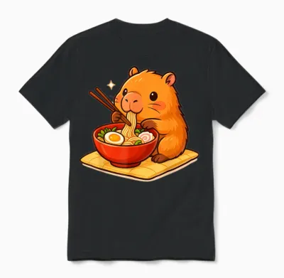 Kawaii Cute Capybara Eating Japanese Ramen Noodles Anime Unisex T-Shirt - Black