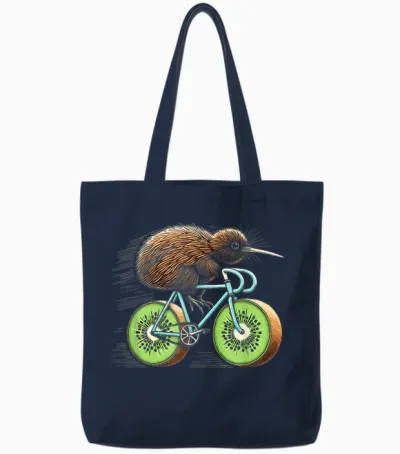 Kiwi Bird Riding Bicycle Funny Kiwi Fruit Wheels Bicycle T-Shirt, Black Tote Bags - Navy