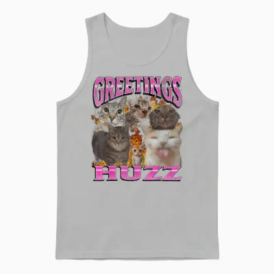 Greetings Huzz Funny Cat Meme Bootleg Graphic Men Women Unisex Tank Top - Ash