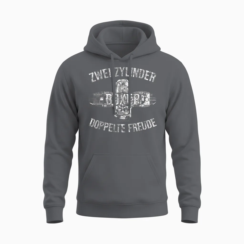 Boxer Two Cylinder Double Joy Biker Two-Cylinder T-Shirt, Black Unisex Hoodie in Charcoal