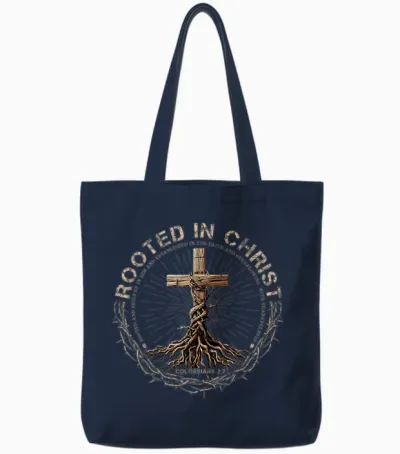 Rooted in Christ Shirt, Jesus Shirts, Christian Cross Tote Bags - Navy