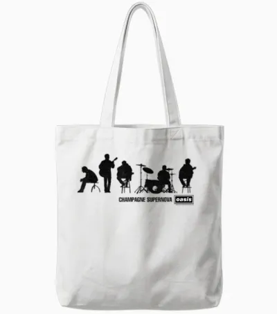 Oasis Band Silhouette on Blue Tote Bags - White