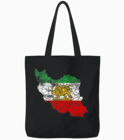 Iran Map with Lion and Sun Emblem, Vintage Persian Heritage Tote Bags - Black