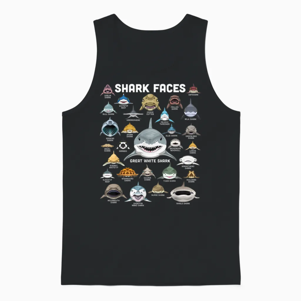 Shark Faces Shirt Types of Shark Funny Marine Biology Shark Unisex Tank Top in Black