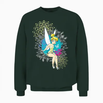 Tinkerbell Floral Pattern T-Shirt, Black, S Unisex Sweatshirt - Forest