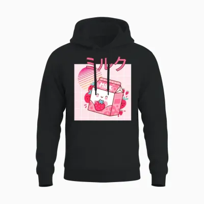 Retro 90s Japanese Kawaii Strawberry Milk Shake Unisex Hoodie - Black