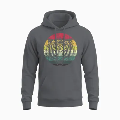 Retro Sunset Tiger Distressed Unisex Hoodie - Charcoal